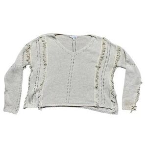 Eri Ali Womens Petite Tan Long Sleeve Fringe Boho Knit Sweater Small Petite SP